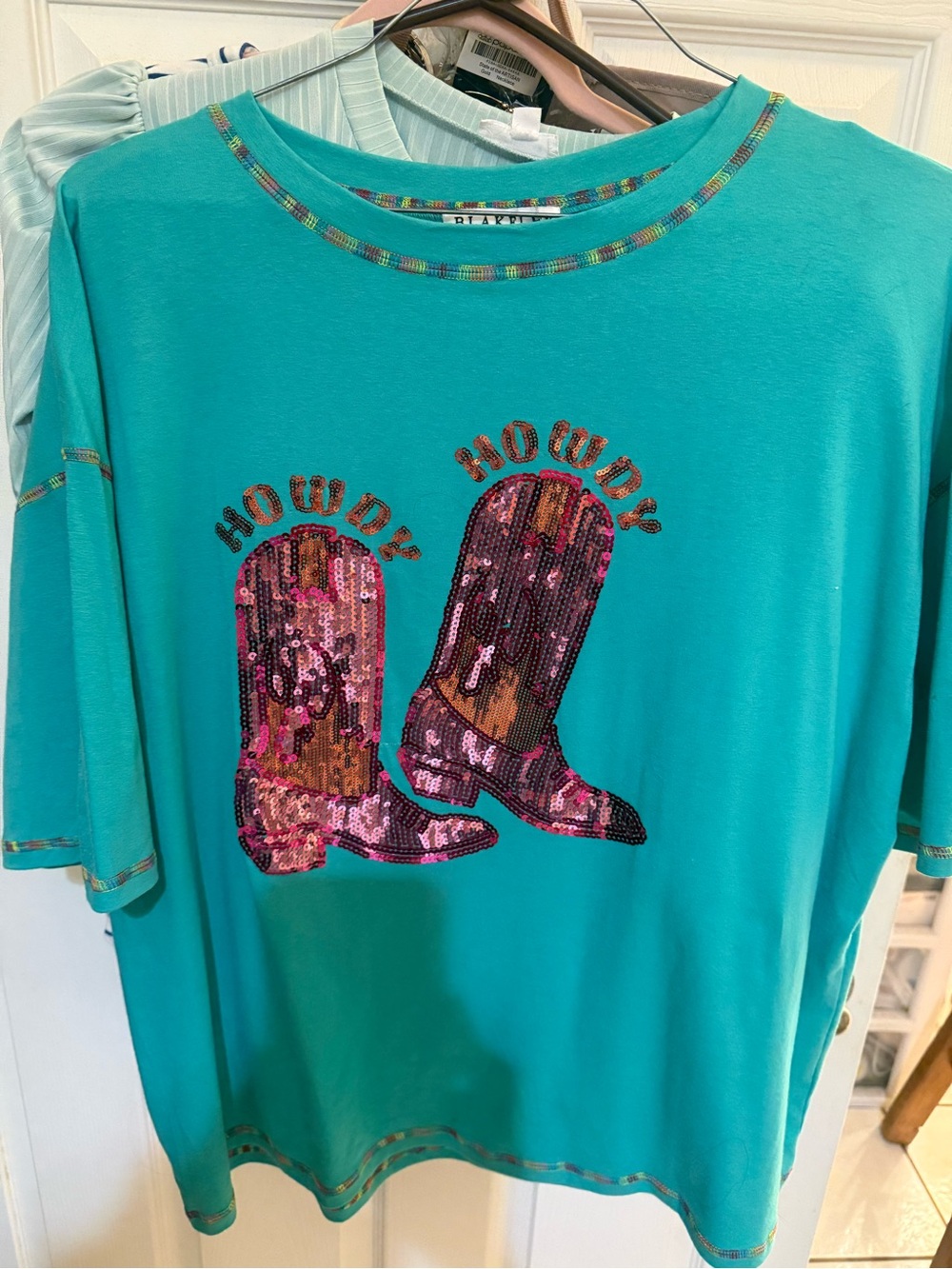 Turquoise Sequin Cowboy Boots Tee - HOWDY Graphic